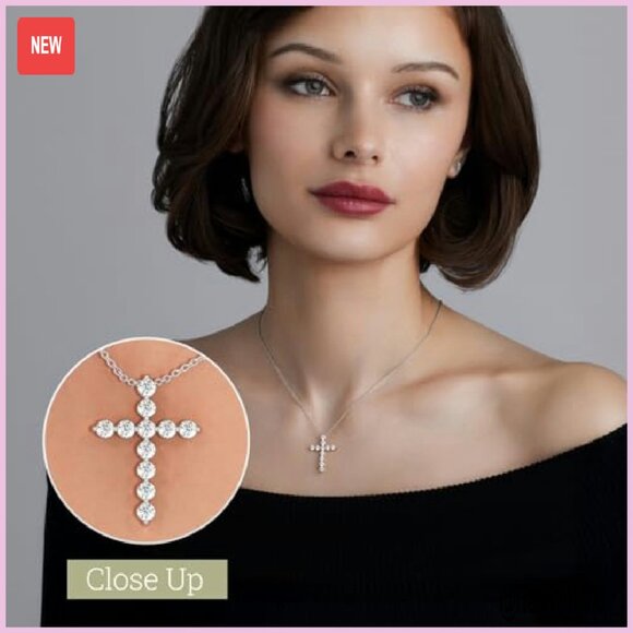 1ct Lab Diamond Cross Pendant Necklace, Sterling Silver, 18in Chain - Picture 4 of 8